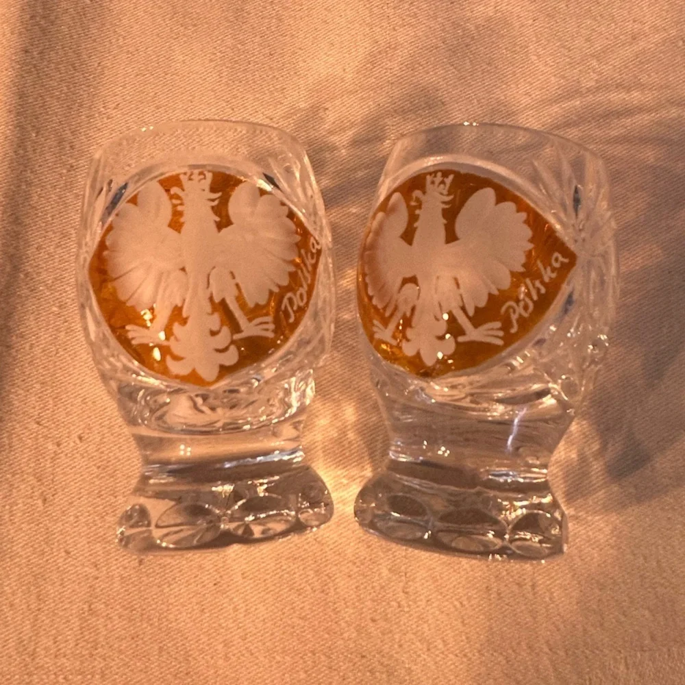 Set of Cut Crystal Shot Glasses From Poland w/National Emblem Polish Eagle